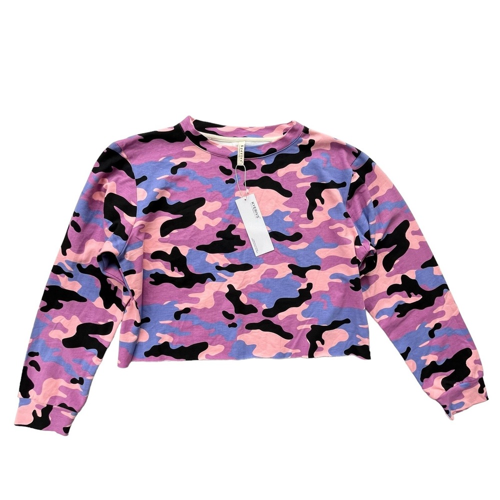 Kyerivs Womens L Pink Purple Camo Long Sleeve Crop Raw Hem Sweatshirt Streetwear